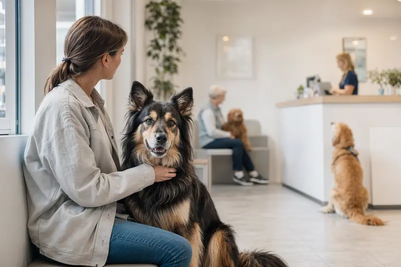 Ein Chodsky pes sitzt ruhig neben seinem Besitzer im hellen Wartezimmer einer modernen Tierarztpraxis.